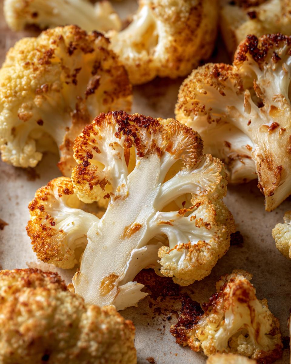 Coliflor al horno con bordes dorados y textura crujiente en bandeja de horno.