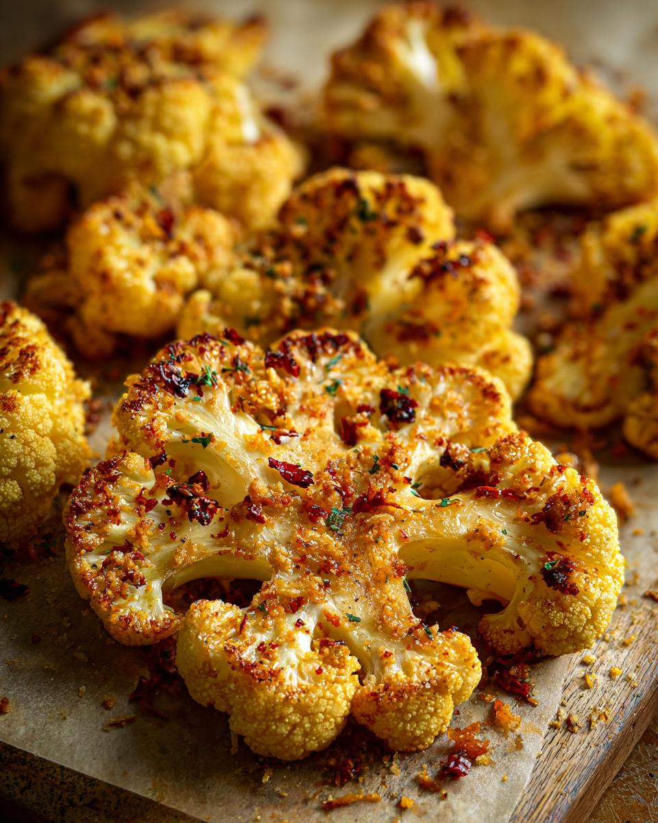 Coliflor al horno dorada con especias y trozos crujientes sobre papel de horno