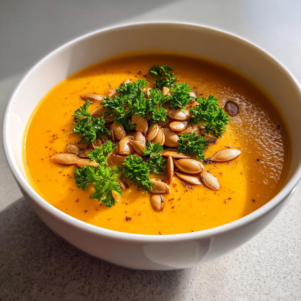 Tazón de crema de calabaza decorada con semillas tostadas y perejil fresco