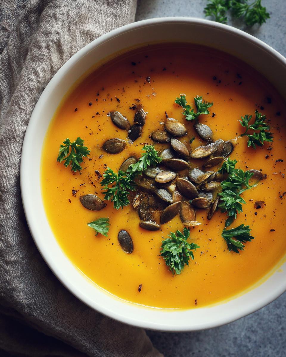 Tazón de crema de calabaza decorada con semillas tostadas y hojas de perejil fresco