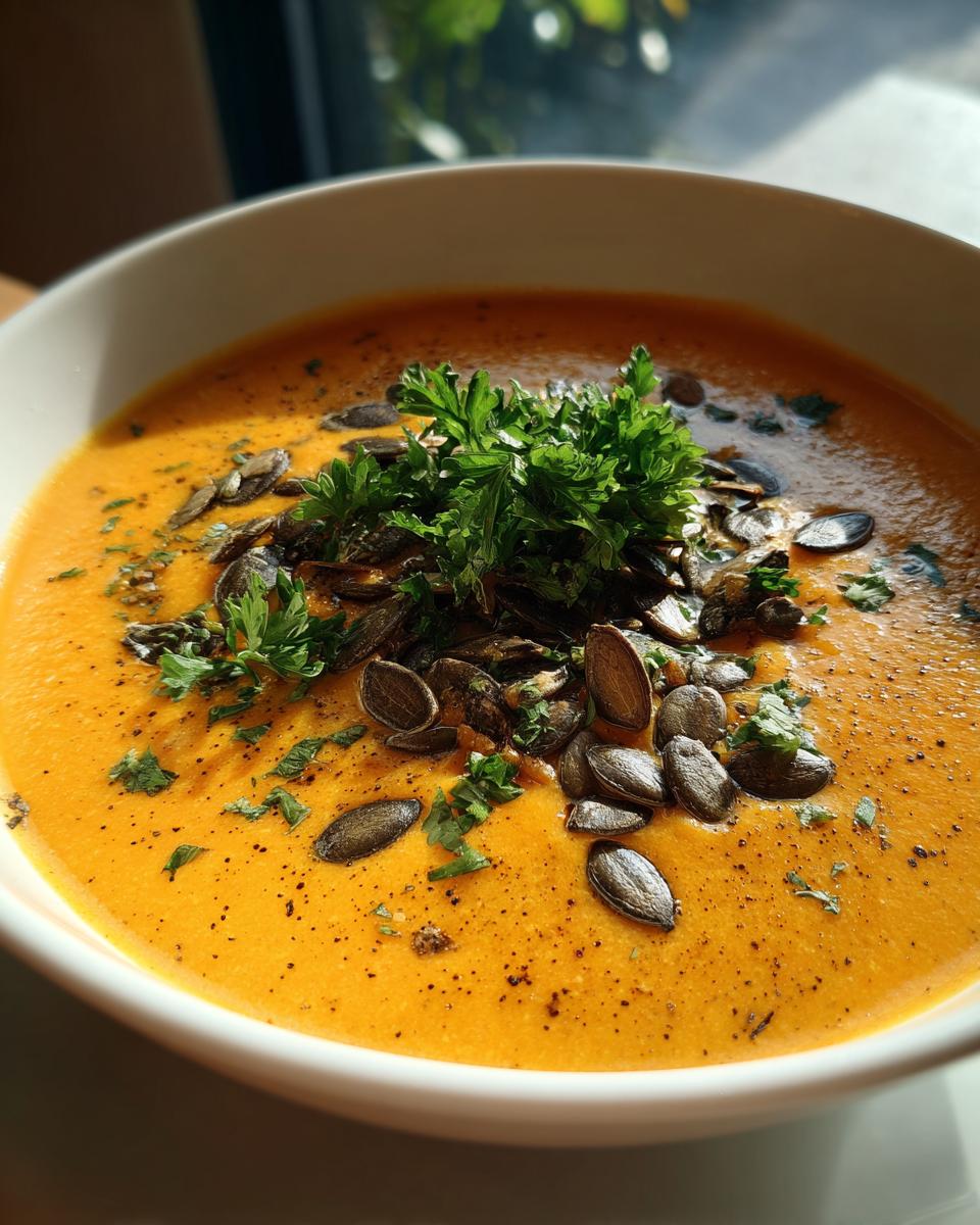 Tazón de crema de calabaza decorada con semillas tostadas y perejil fresco.