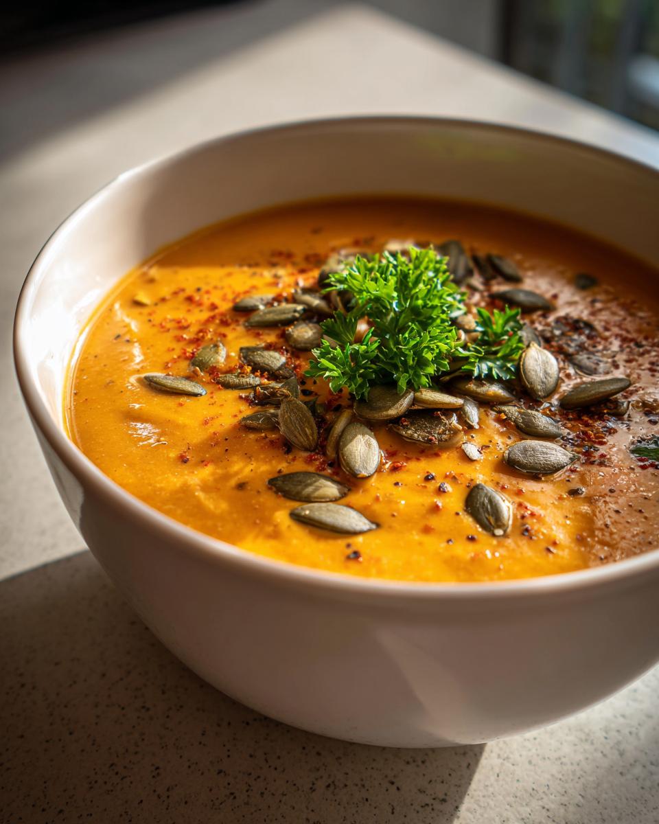 Tazón de crema de calabaza decorada con semillas de calabaza y perejil fresco