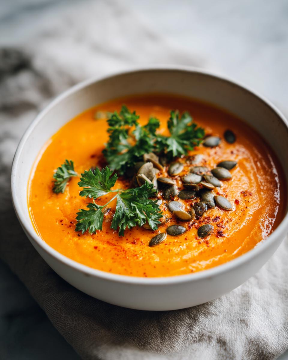 Tazón de crema de calabaza decorada con semillas y hojas de perejil fresco