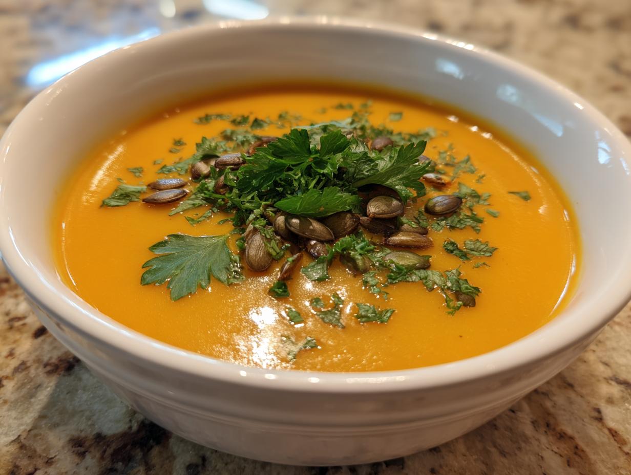 Tazón blanco con crema de calabaza decorada con semillas tostadas y perejil fresco