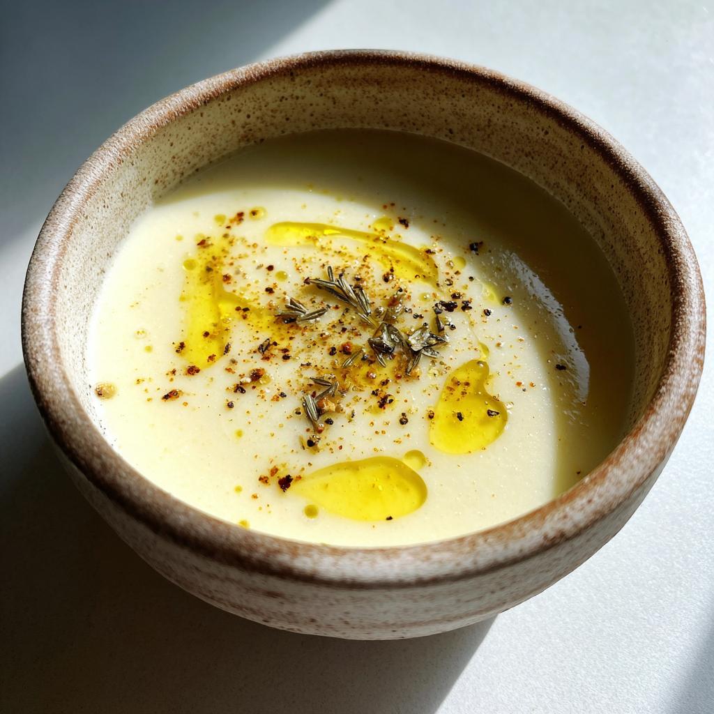 Tazón de crema de verduras ligeras con aceite de oliva y especias encima