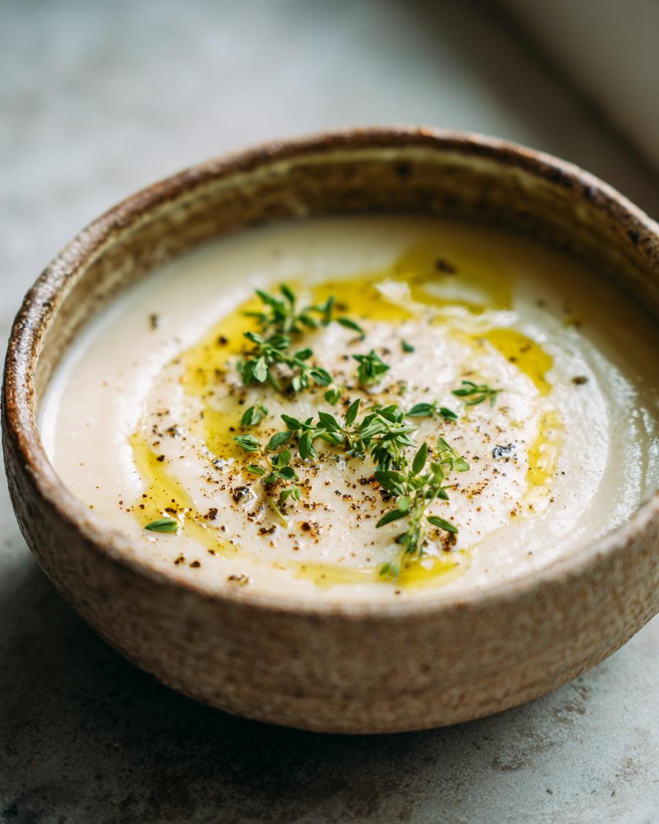 Tazón rústico con crema de verduras ligeras decorada con aceite y hierbas frescas