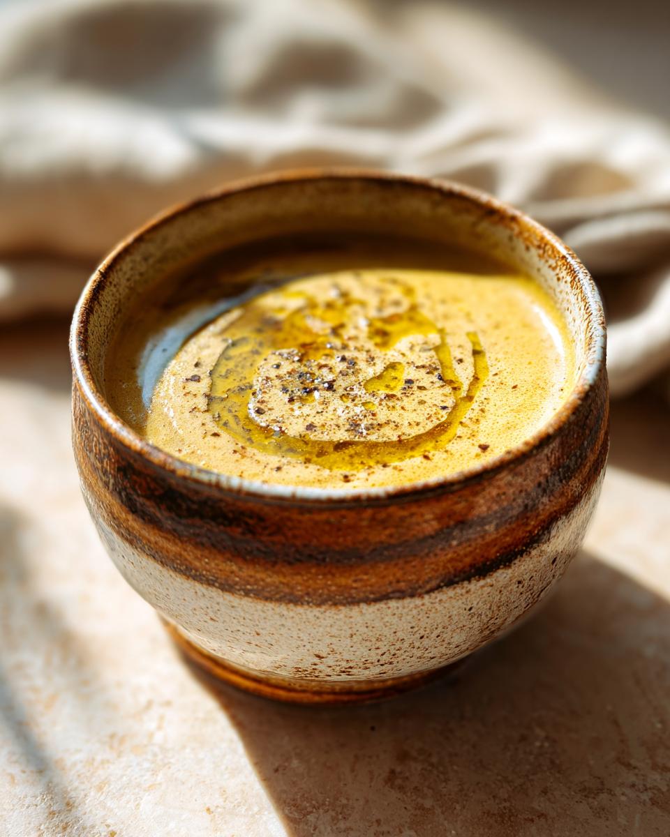 Taza rústica con crema de verduras ligeras decorada con aceite y pimienta