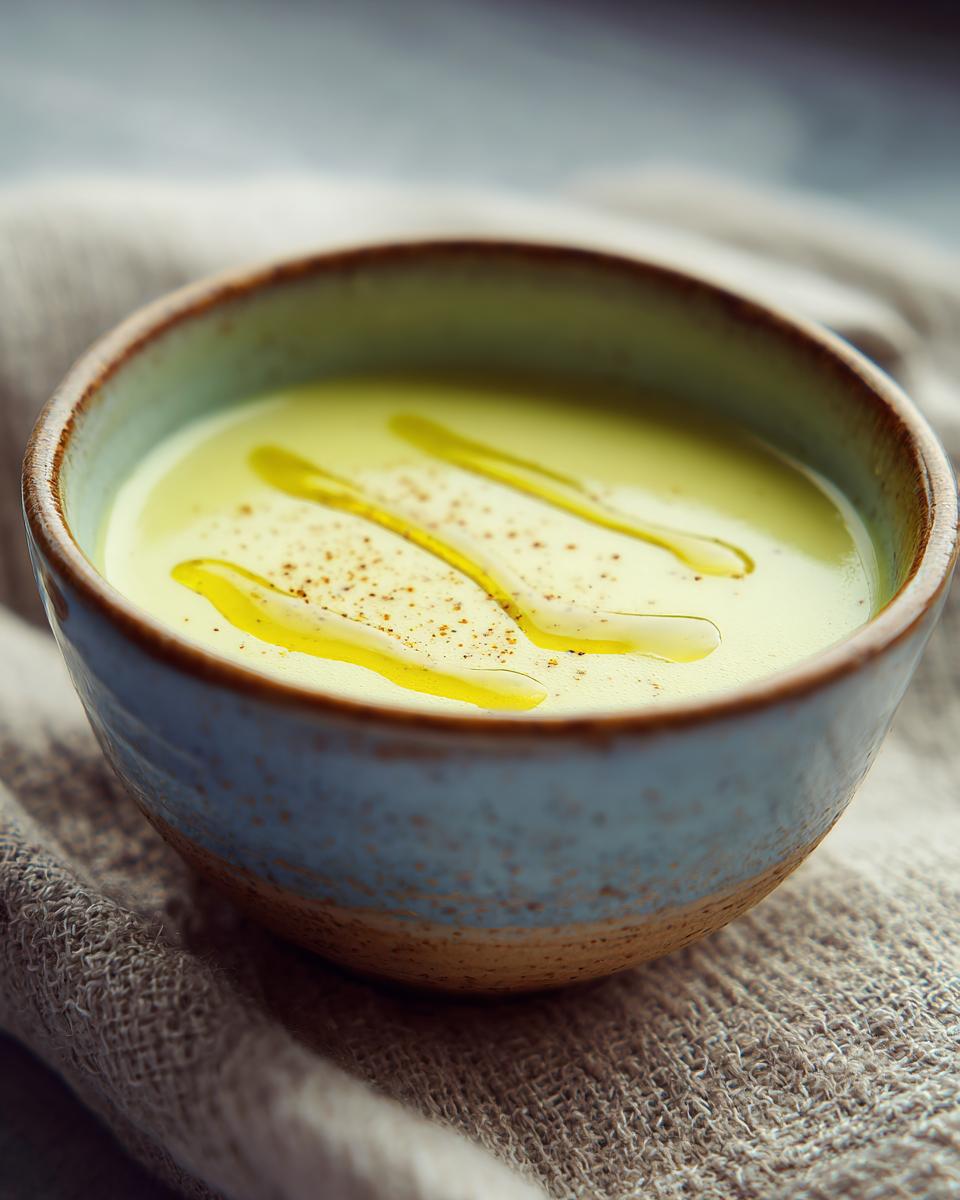 Tazón con crema de verduras ligeras decorada con aceite de oliva y especias