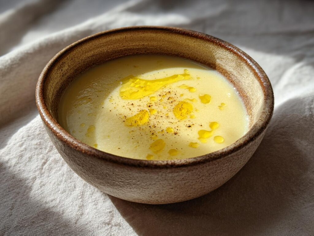 Tazón rústico con crema de verduras ligeras, decorada con gotas de aceite y pimienta.