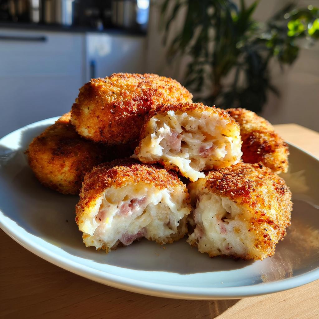 Croquetas caseras doradas y crujientes con relleno cremoso en un plato blanco.