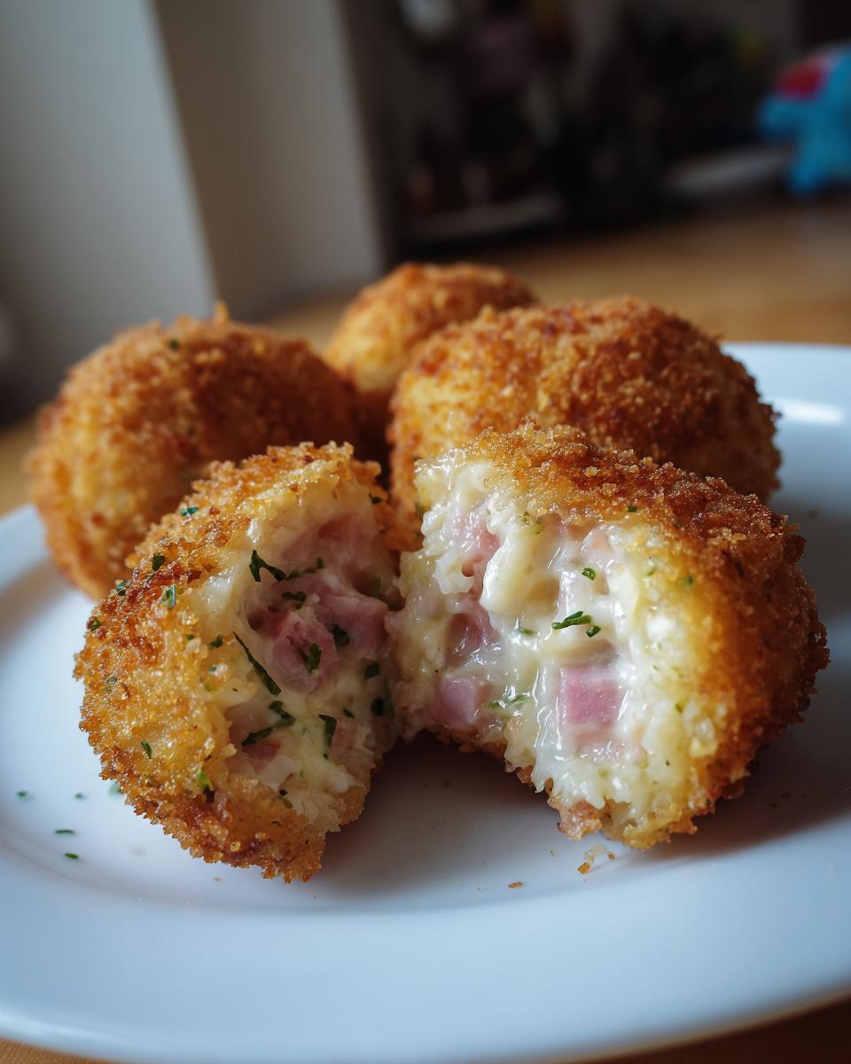 Croquetas caseras doradas y crujientes con relleno cremoso de jamón y queso en un plato blanco