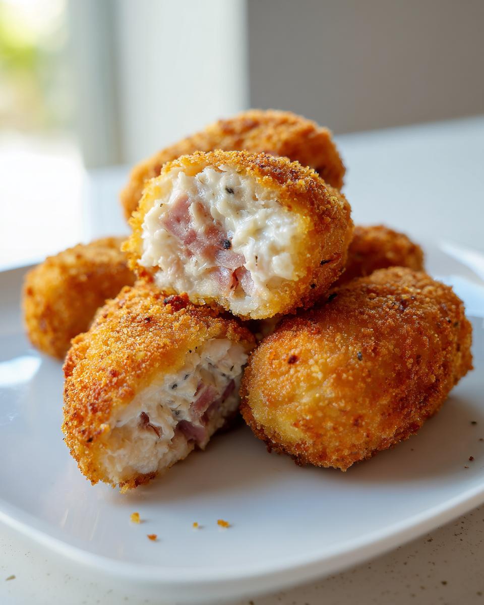 Croquetas caseras doradas y crujientes con relleno cremoso de jamón en un plato blanco
