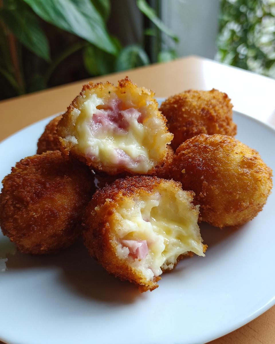 Croquetas caseras doradas con relleno cremoso de jamón y queso en un plato blanco.