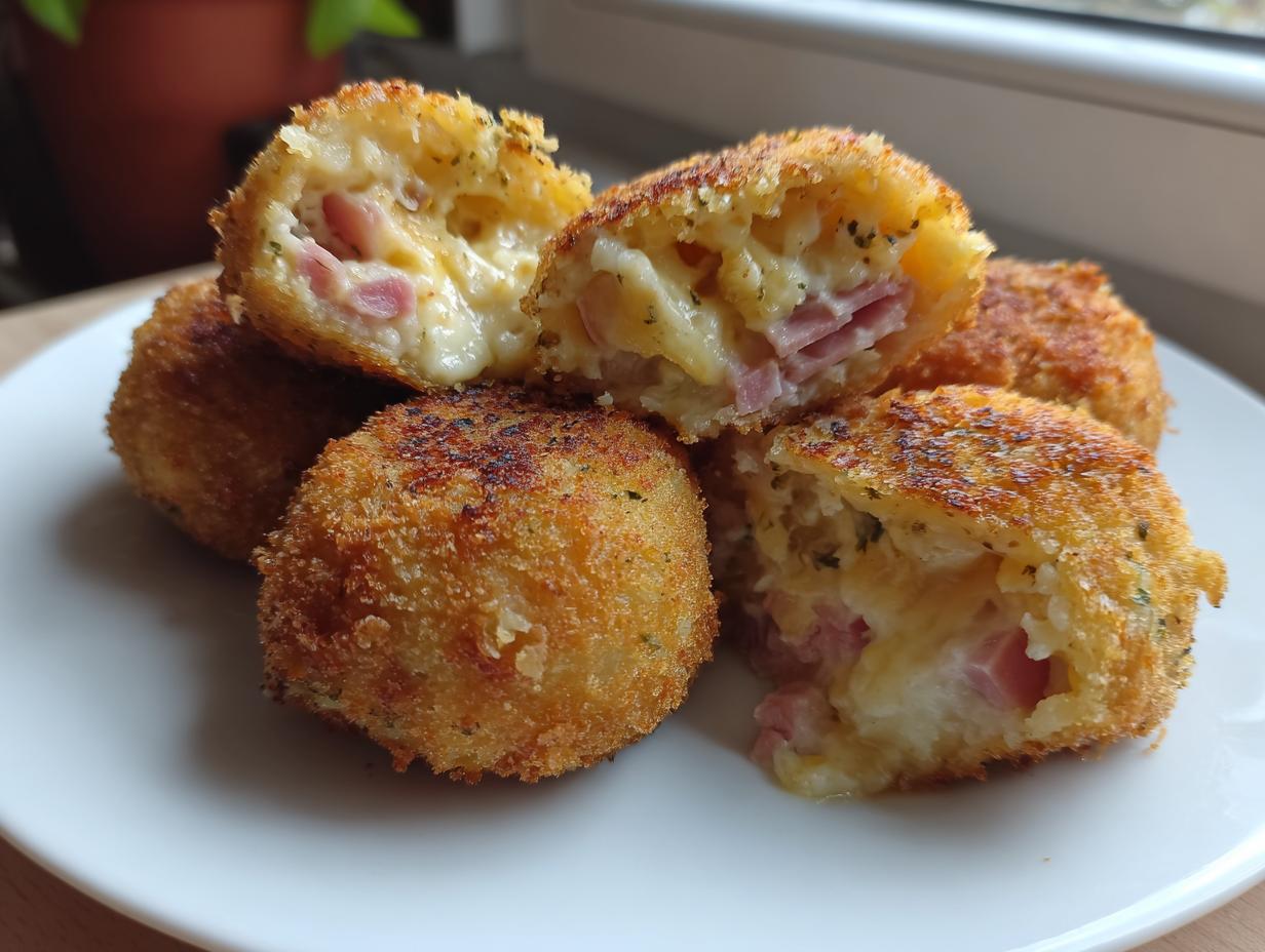 Croquetas caseras doradas con relleno cremoso de jamón y queso en un plato blanco