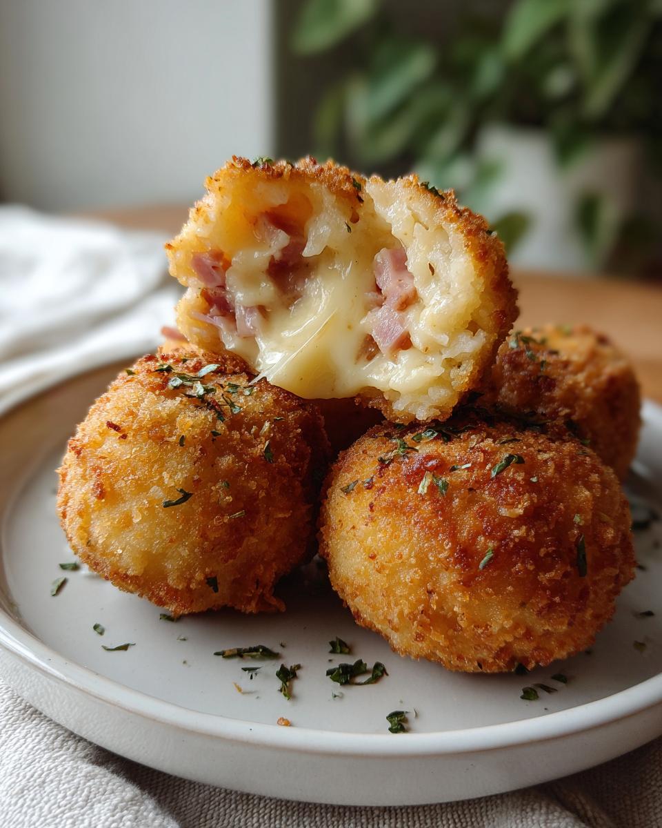 Croquetas caseras doradas con relleno cremoso de queso y jamón en un plato blanco.