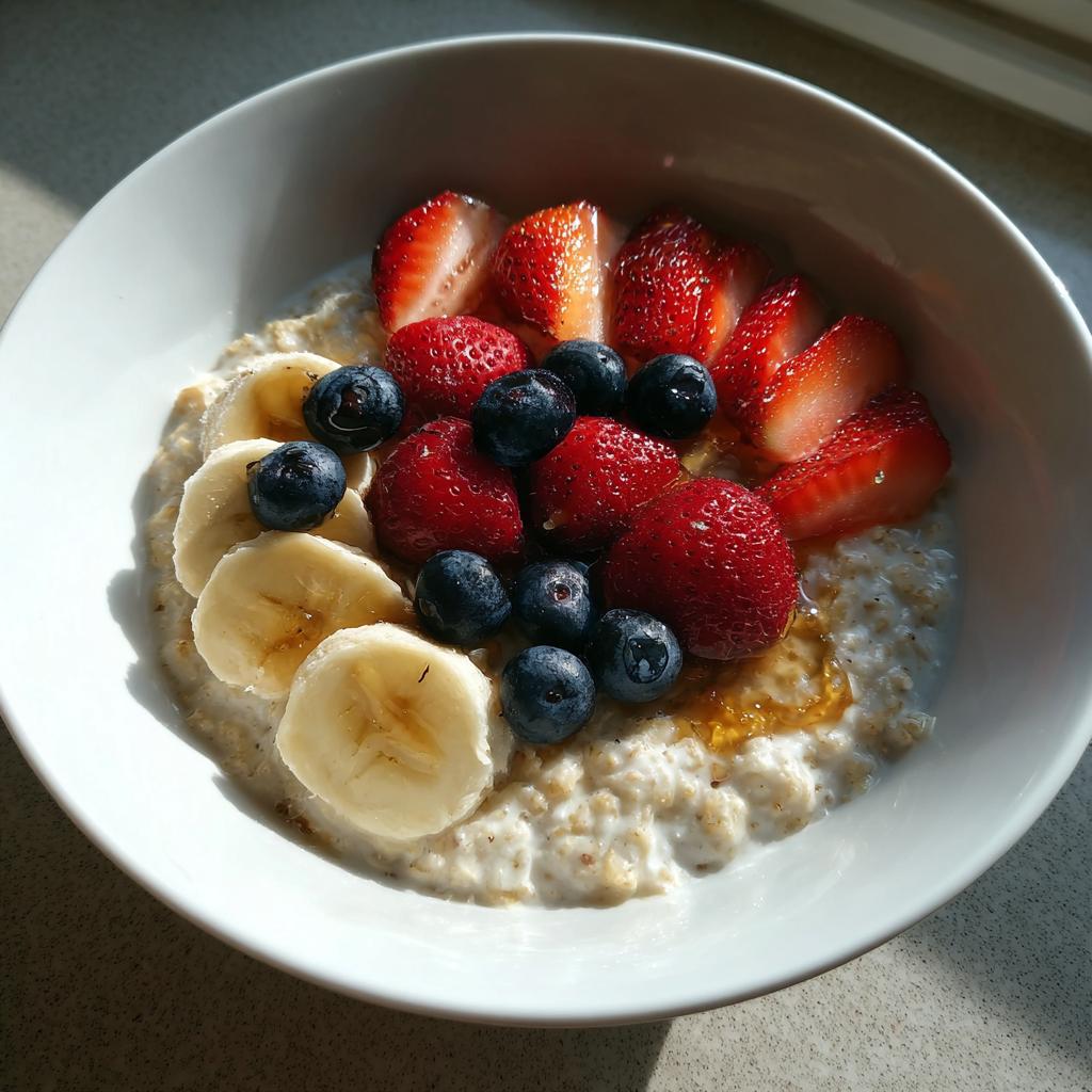 Tazón de avena con fresas, arándanos y plátano como desayunos con avena fáciles