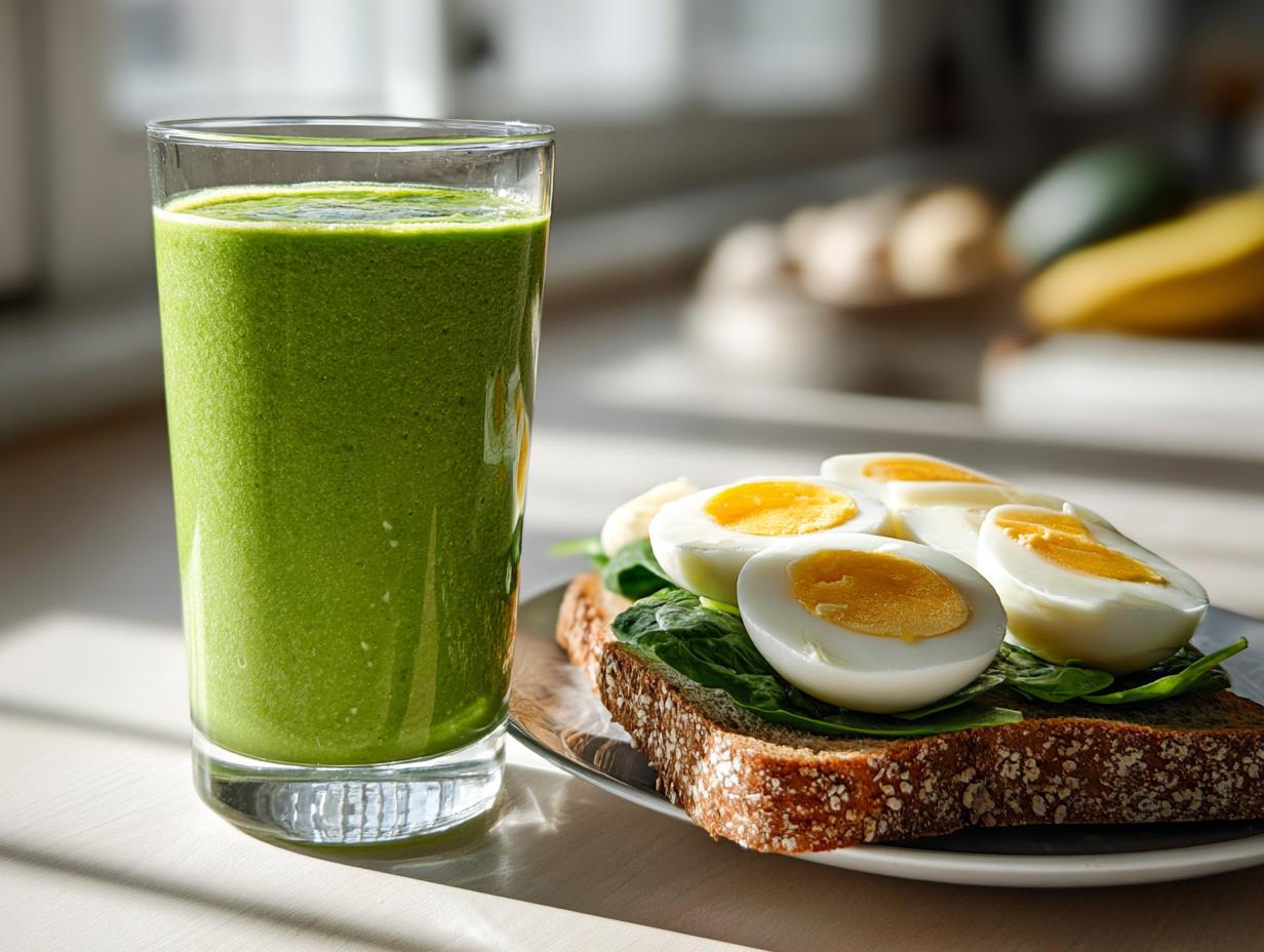 Vaso con smoothie verde y tostada integral con espinacas y huevos cocidos, desayuno saludable de primavera.