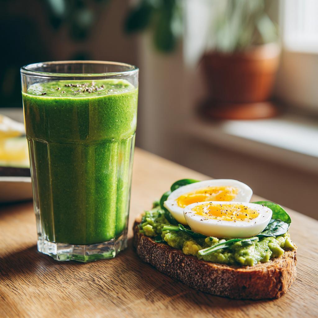 Smoothie verde y tostada con aguacate y huevo para desayunos saludables de primavera