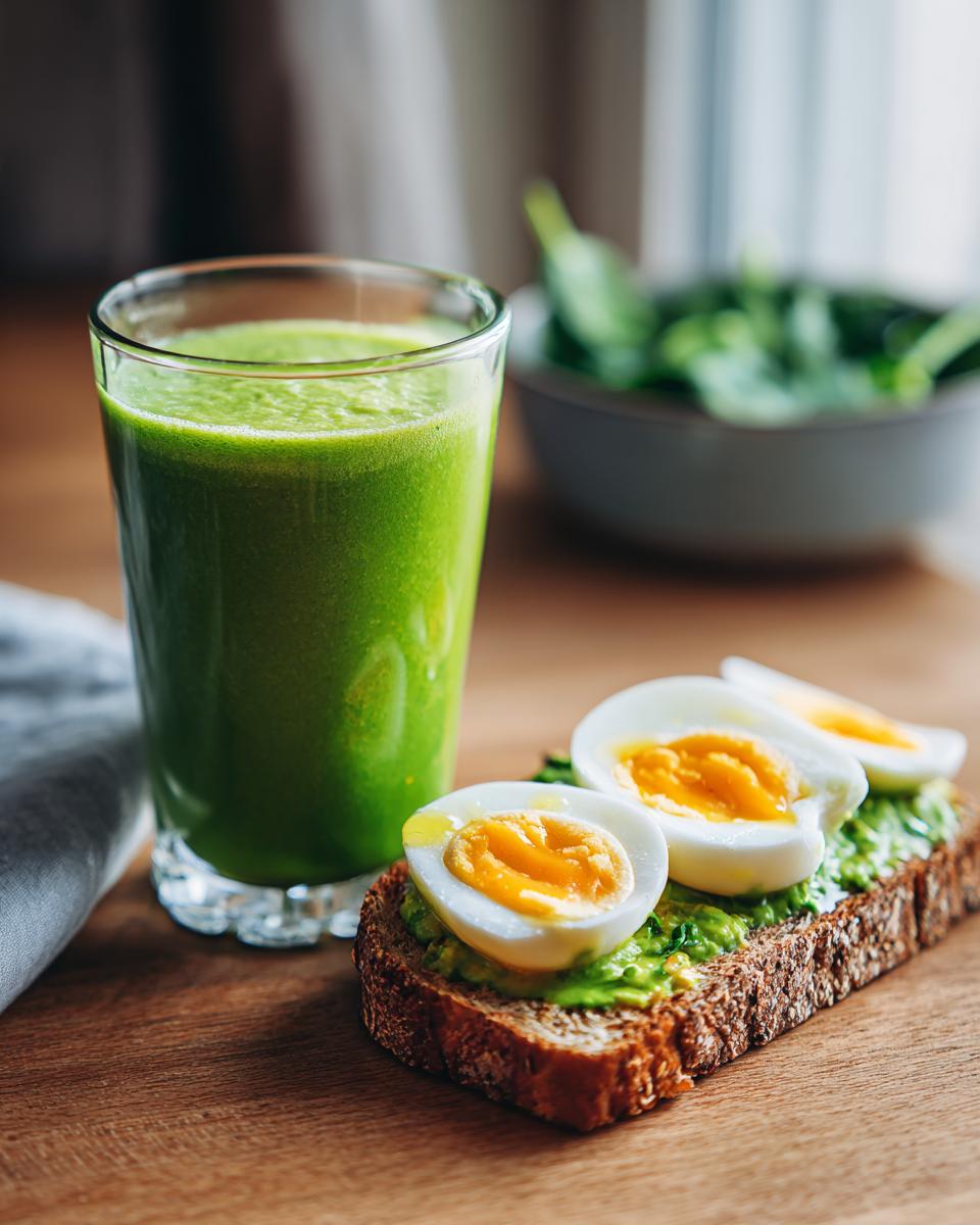 Vaso de smoothie verde junto a una tostada con aguacate y huevo cocido, ideal para desayunos saludables de primavera