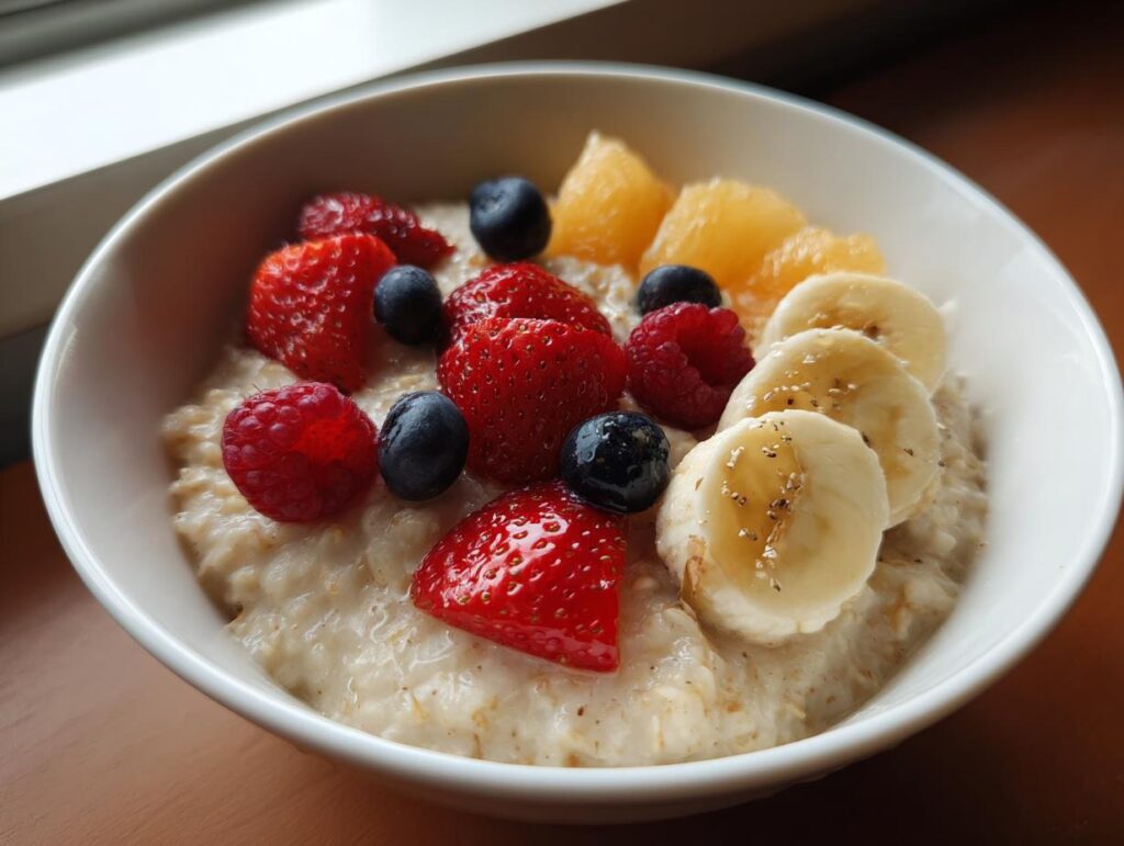 Tazón de avena con fresas, plátano, arándanos, frambuesas y trozos de piña