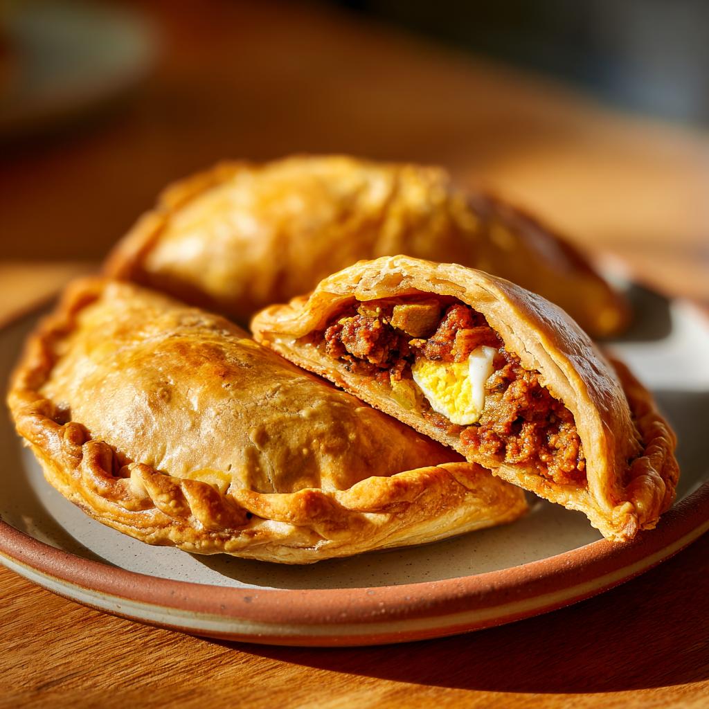 Empanadas argentinas al horno doradas, una abierta mostrando carne y huevo en su interior.