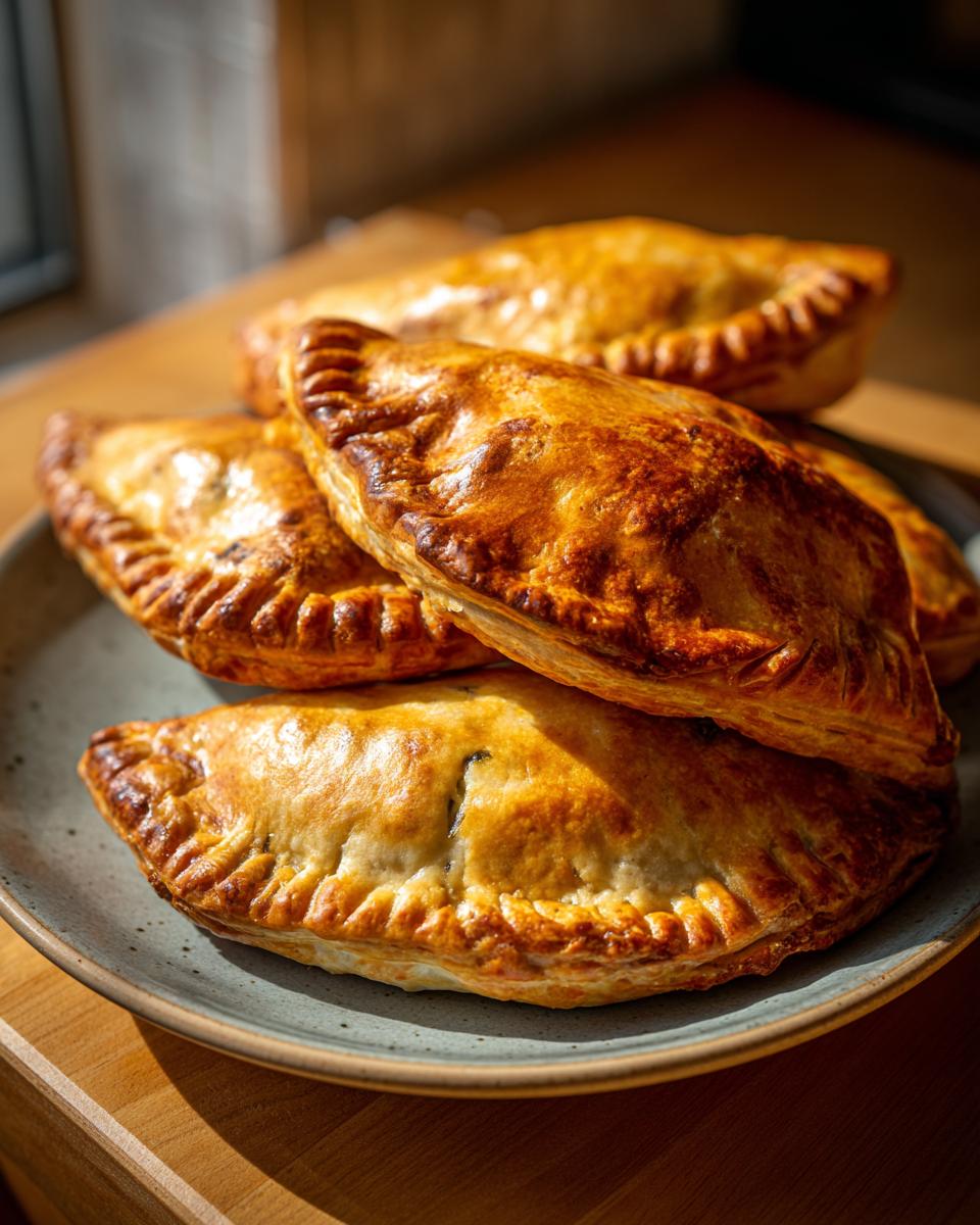 Empanadas argentinas al horno doradas y crujientes servidas en un plato sobre una mesa de madera.