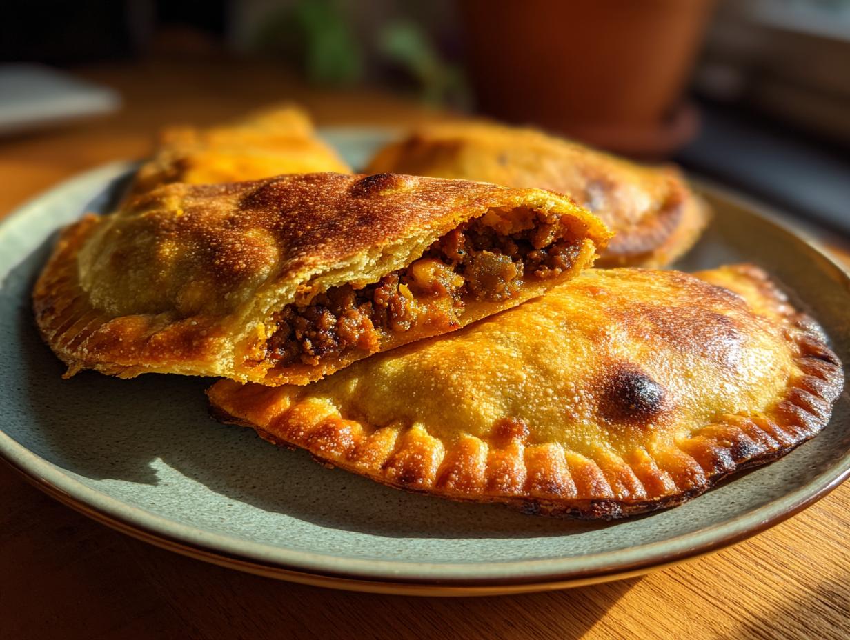 Empanadas argentinas al horno doradas con relleno de carne en un plato.