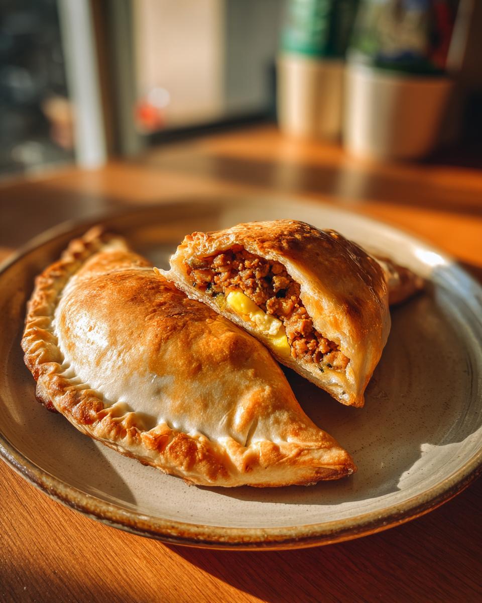 Empanadas argentinas al horno con relleno de carne y huevo en un plato marrón.