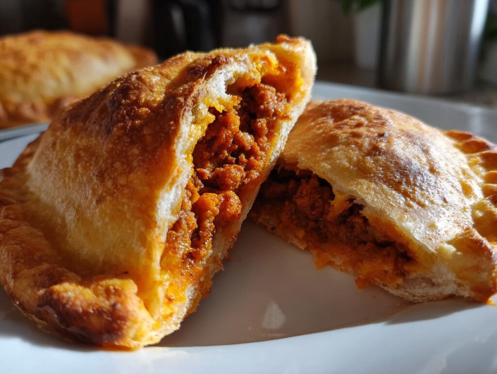 Empanadas caseras rellenas de carne picada en un plato blanco, cortadas por la mitad