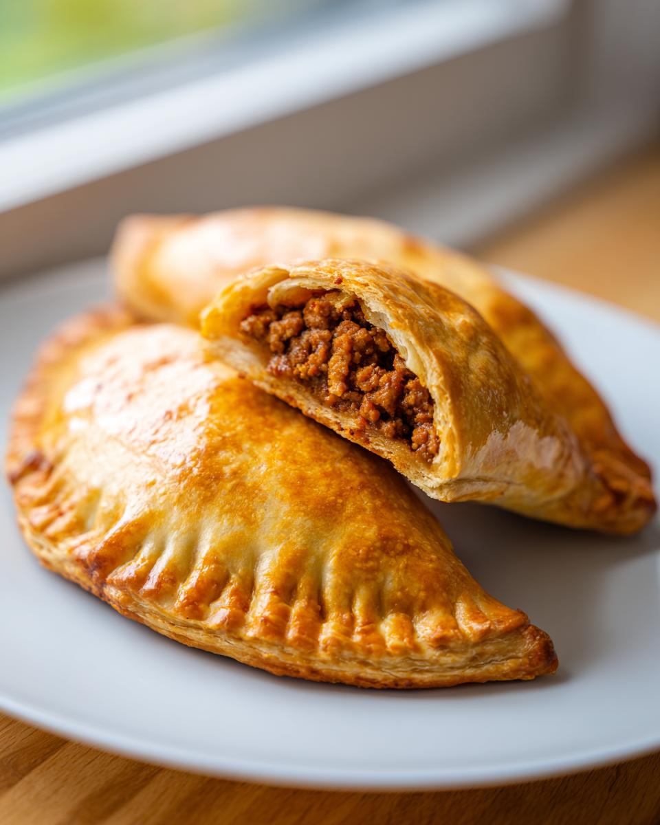 Empanadas caseras rellenas de carne en un plato blanco, una abierta mostrando el relleno