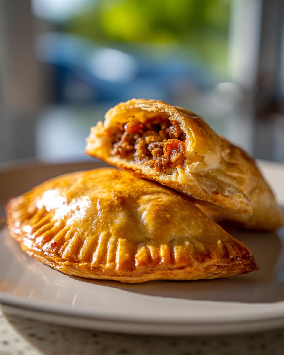 Empanadas caseras doradas con relleno de carne y verduras en un plato blanco.