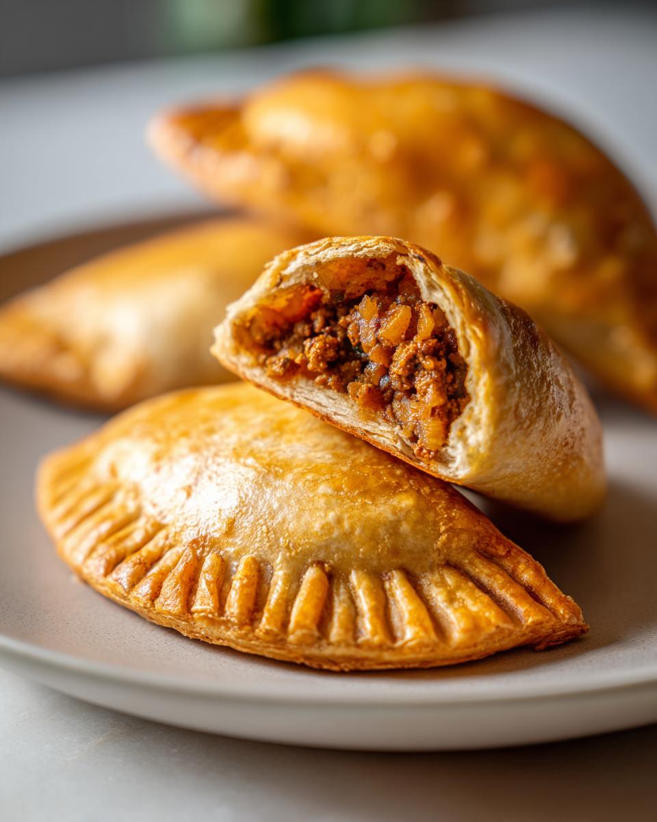 Empanadas caseras doradas con relleno de carne y verduras en un plato