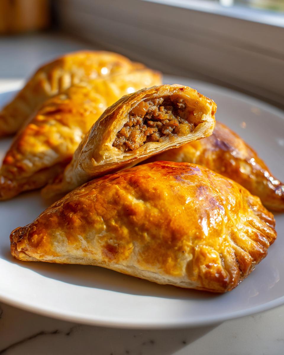 Empanadas caseras doradas con relleno de carne en un plato blanco
