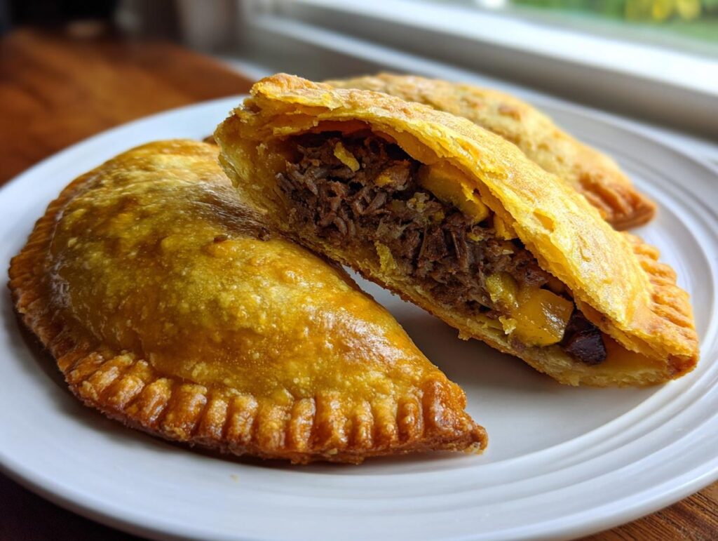 Empanadas chilenas tradicionales con masa dorada y relleno de carne en un plato blanco