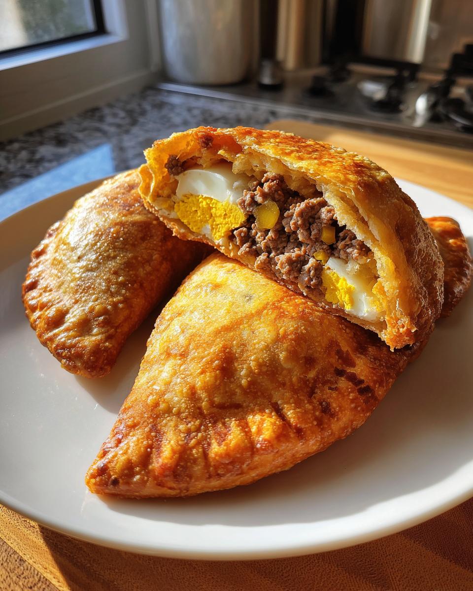 Empanadas chilenas tradicionales fritas con relleno de carne molida y huevo duro en plato blanco