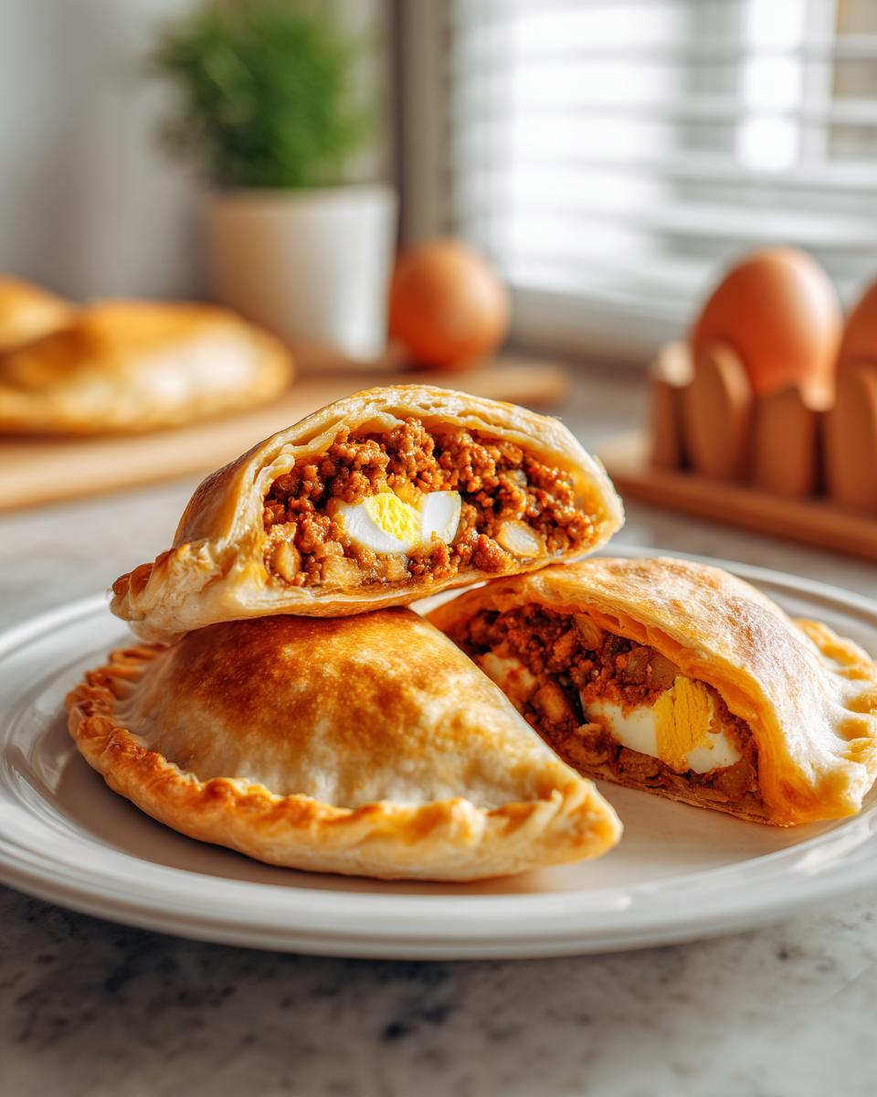 Empanadas chilenas tradicionales abiertas mostrando relleno de carne molida y huevo duro en un plato blanco.