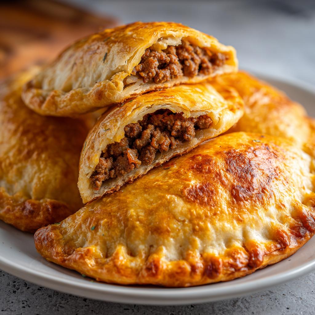 Empanadas rellenas de carne con masa dorada y crujiente en un plato blanco