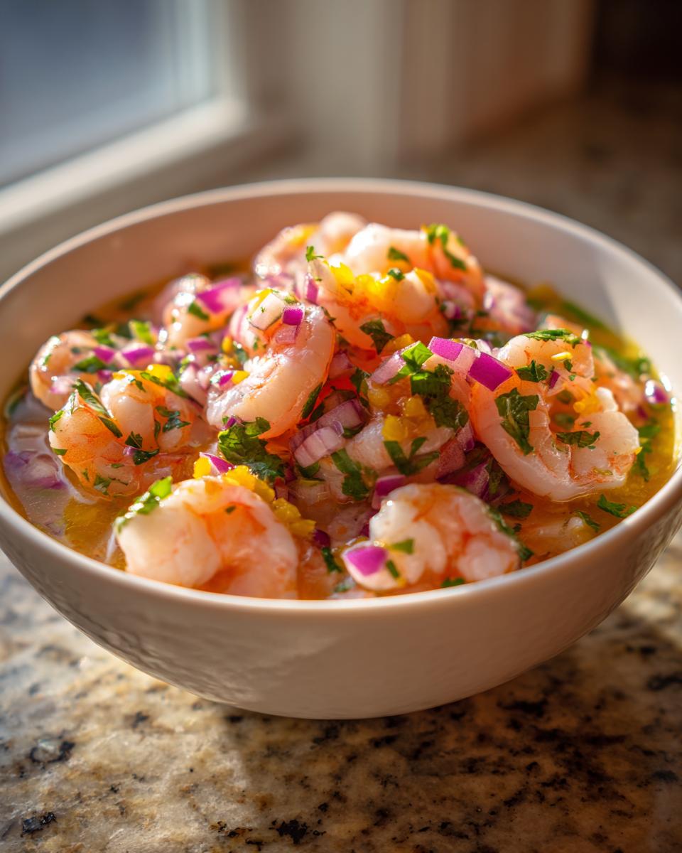 Tazón con camarones cocidos, cebolla morada y cilantro en salsa, recetas de mariscos fáciles
