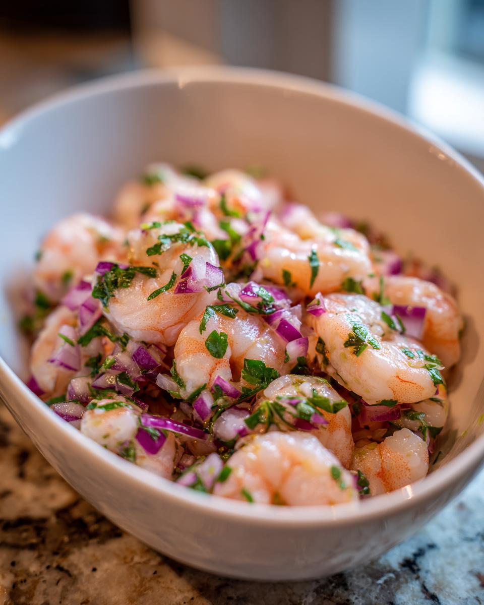 Ensalada de camarones con cebolla morada y cilantro en un tazón blanco, ideal para recetas de mariscos fáciles.