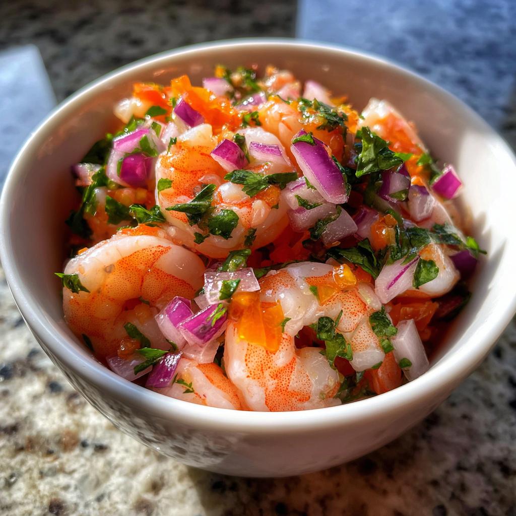 Tazón con ensalada de camarones, cebolla morada, cilantro y pimiento naranja fresca