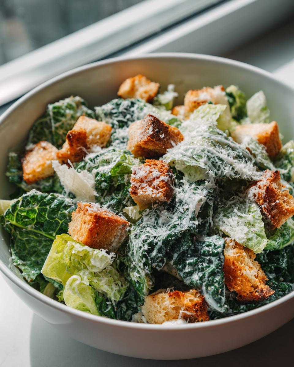 Ensalada César con lechuga, crutones y queso rallado en un bol blanco.