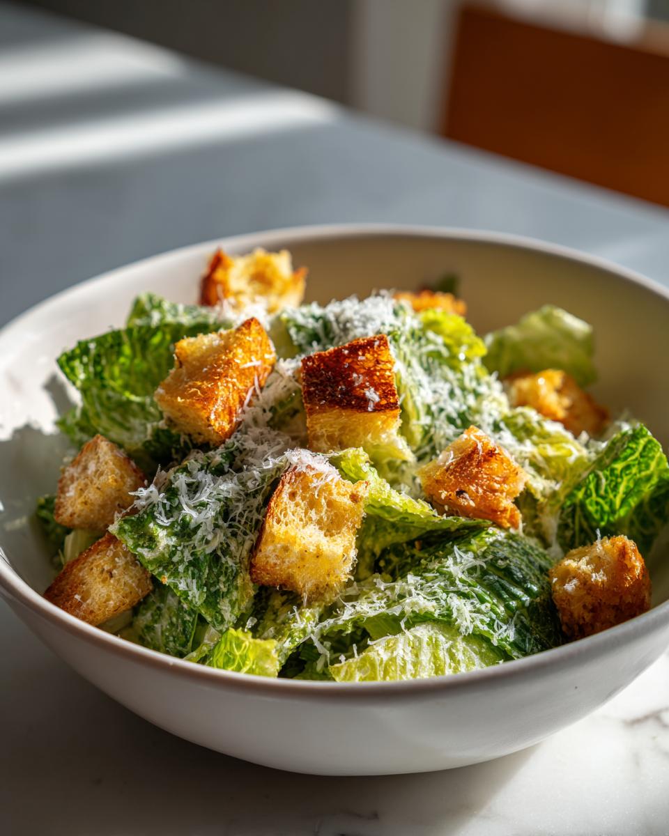 Ensalada César con lechuga, crutones dorados y queso rallado en un bol blanco