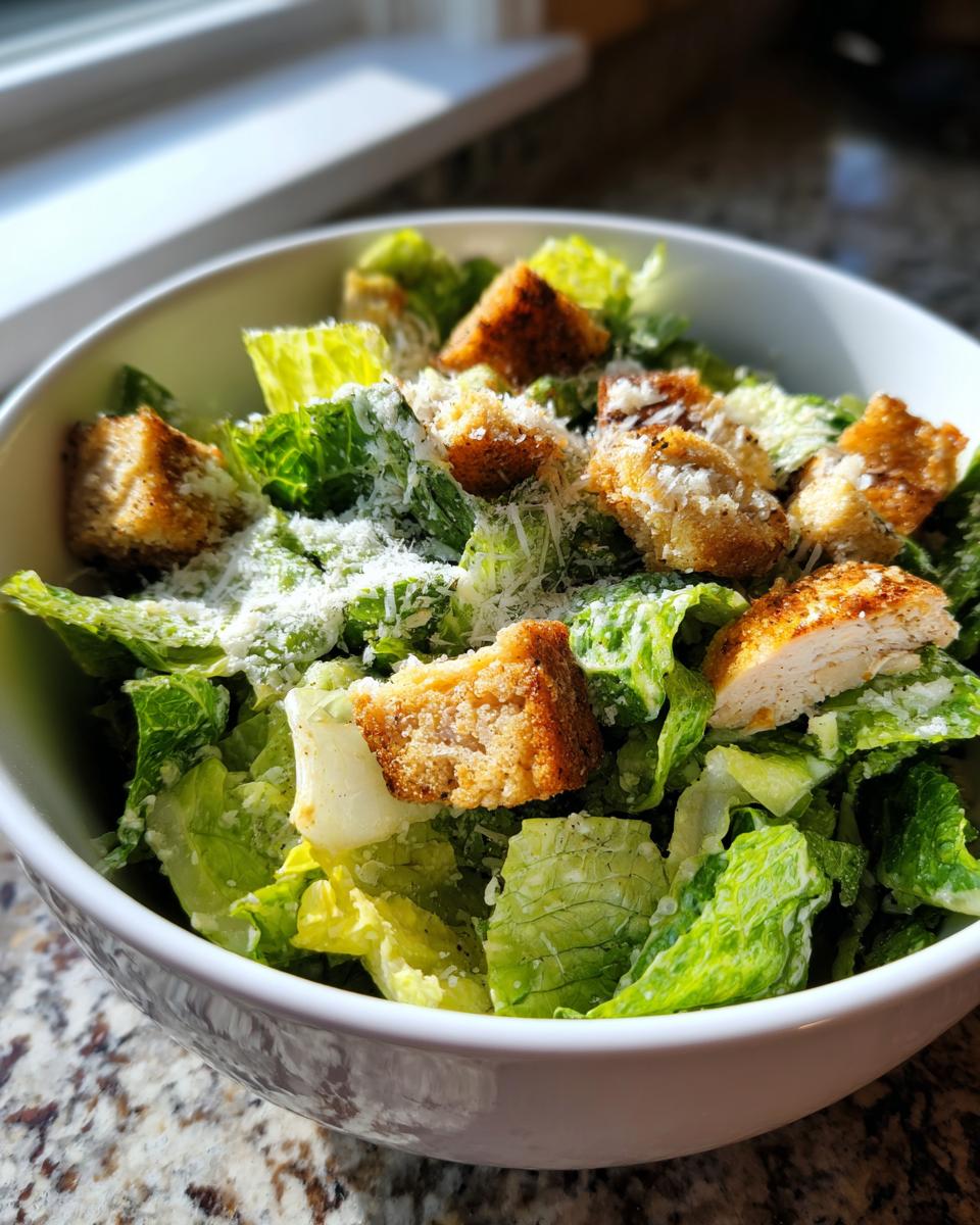 Ensalada César fresca con lechuga, crutones dorados y queso rallado en un bol blanco