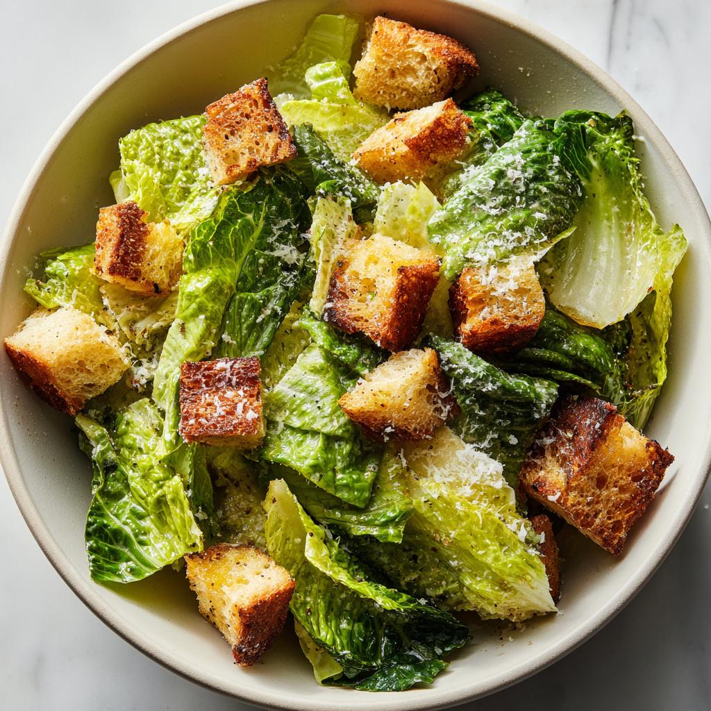 Ensalada César con lechuga fresca, crutones dorados y queso rallado en un tazón blanco