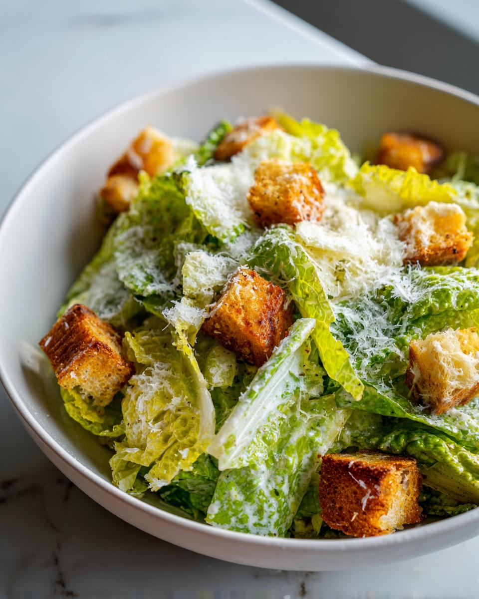 Ensalada César fresca con lechuga, crutones dorados y queso rallado en un bol blanco