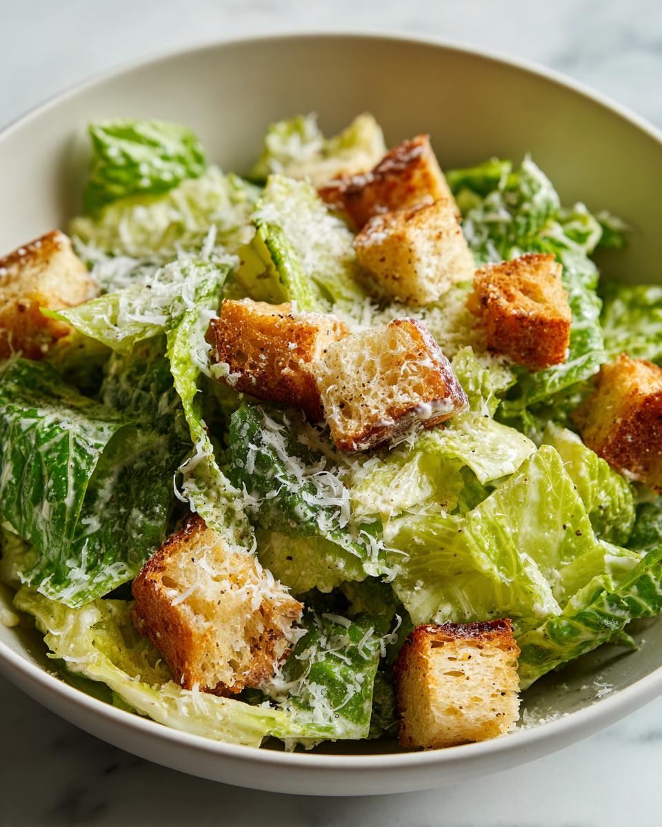 Ensalada César fresca con lechuga, crutones dorados y queso rallado en un bol blanco