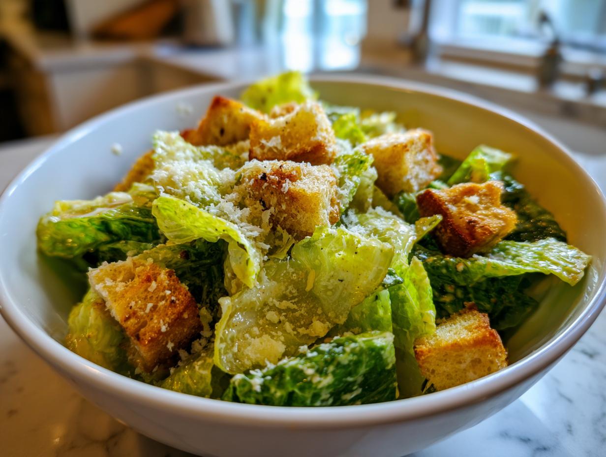 Ensalada César con lechuga, crutones y queso rallado en un bol blanco