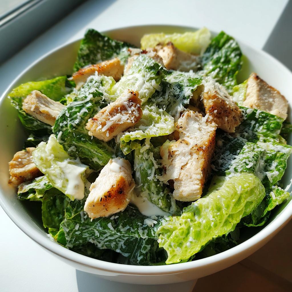 Ensalada César con pollo a la parrilla, lechuga fresca y queso rallado en un bol blanco.