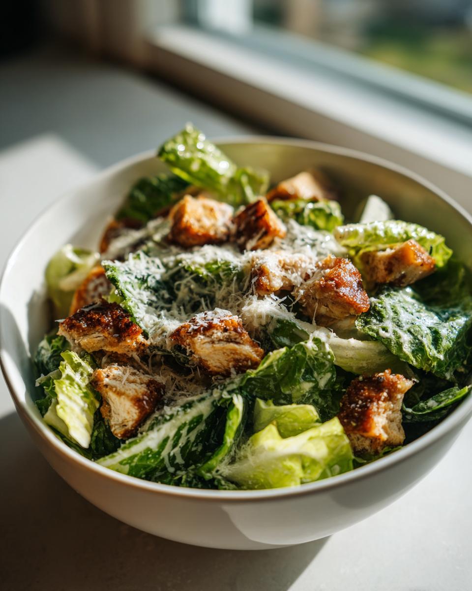 Ensalada César con lechuga, pollo a la parrilla y queso rallado en un bol blanco.