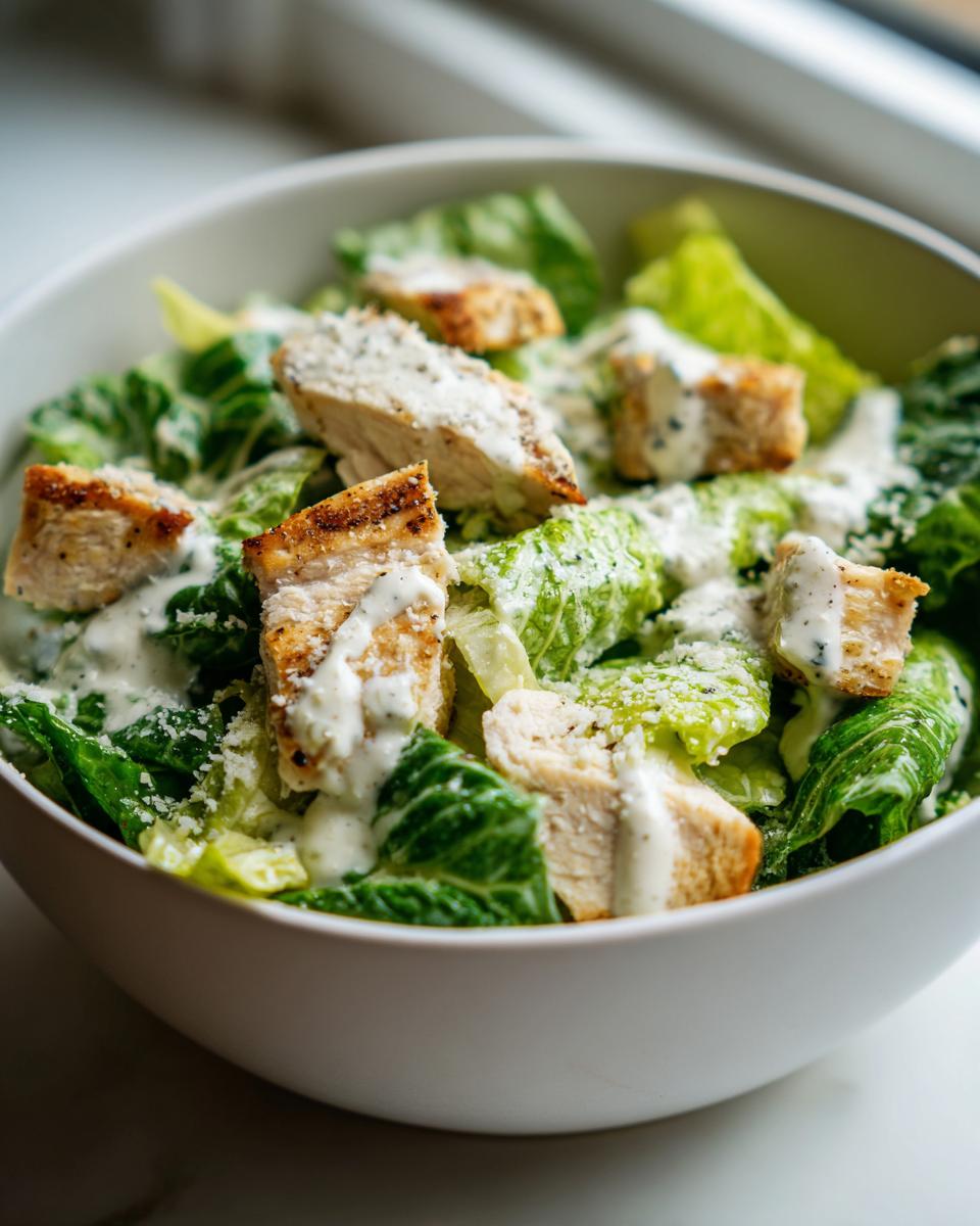 Ensalada César con pollo a la parrilla y aderezo cremoso en un bol blanco